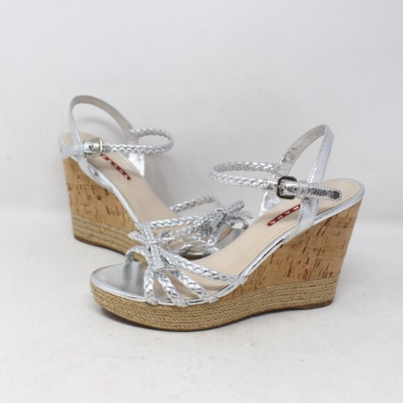 Prada #Y3N4UG Cork Braided Wedges Size 37.5 - Picture 1 of 8